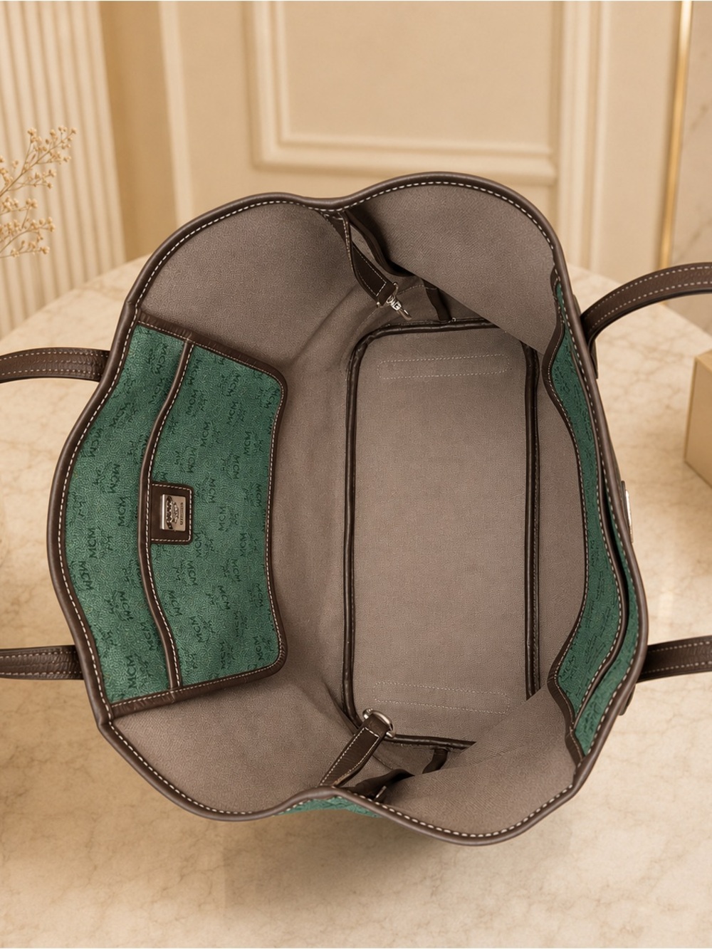 MCM Green Logo Canvas Tote with Brown Leather Handles - Picture 6 of 9